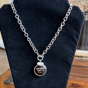 “Proud Momma” Black Glass Circular Pendant on a Silver Chain - Never Wore